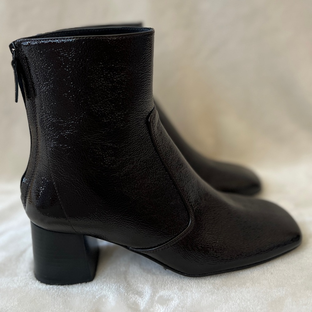 NEW Sandro Size 38 Womens 8 Glossed Patent Leather Deep Brown Ankle Boots - Picture 4 of 8